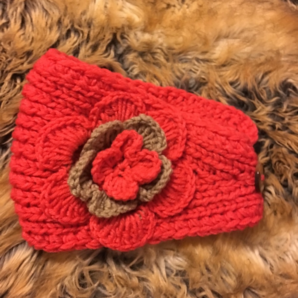Knitted ear warmer head wrap orange and beige button close